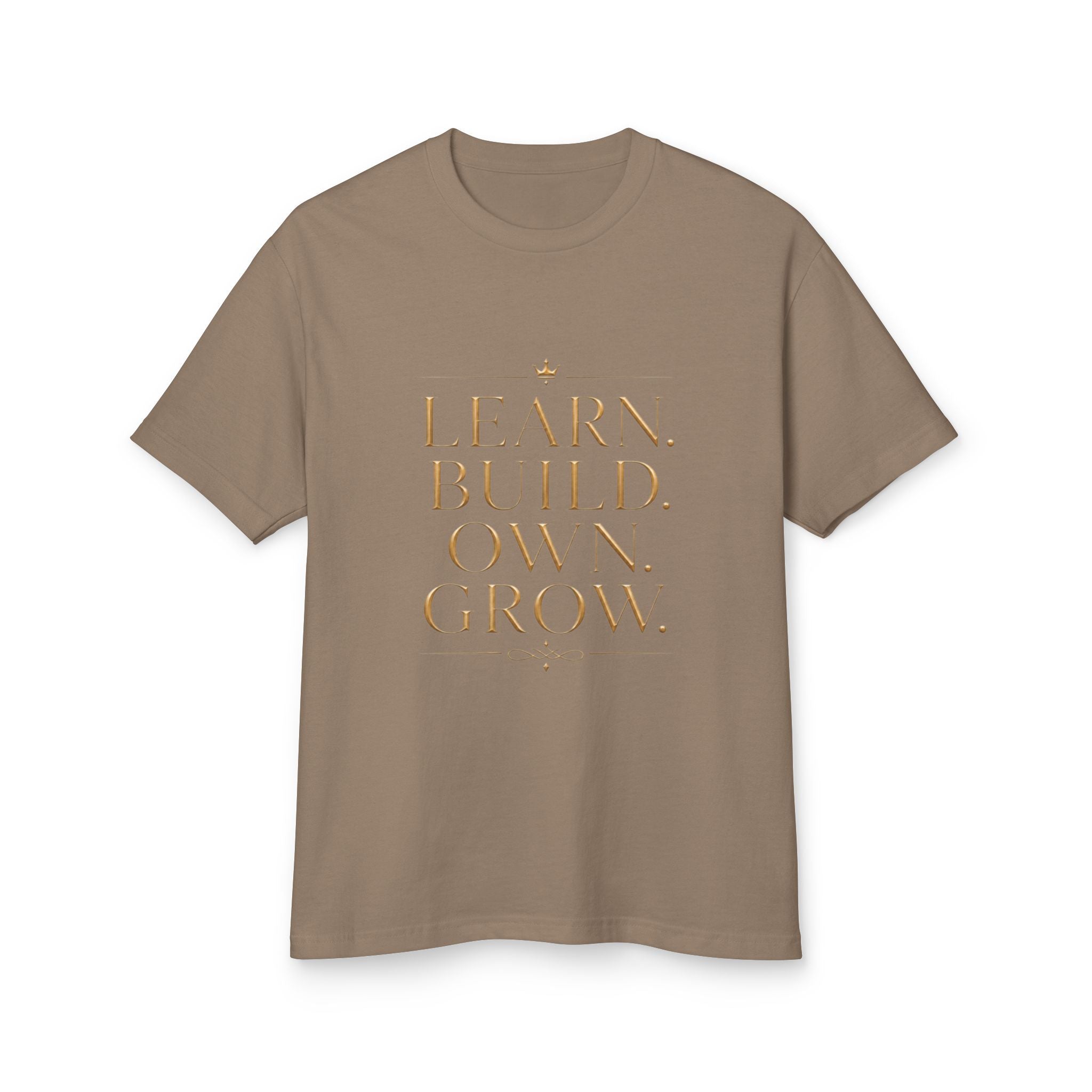 Learn. Build. Own. Grow. Garment-Dyed Tee — design detail view by Quiet Wealth Journey