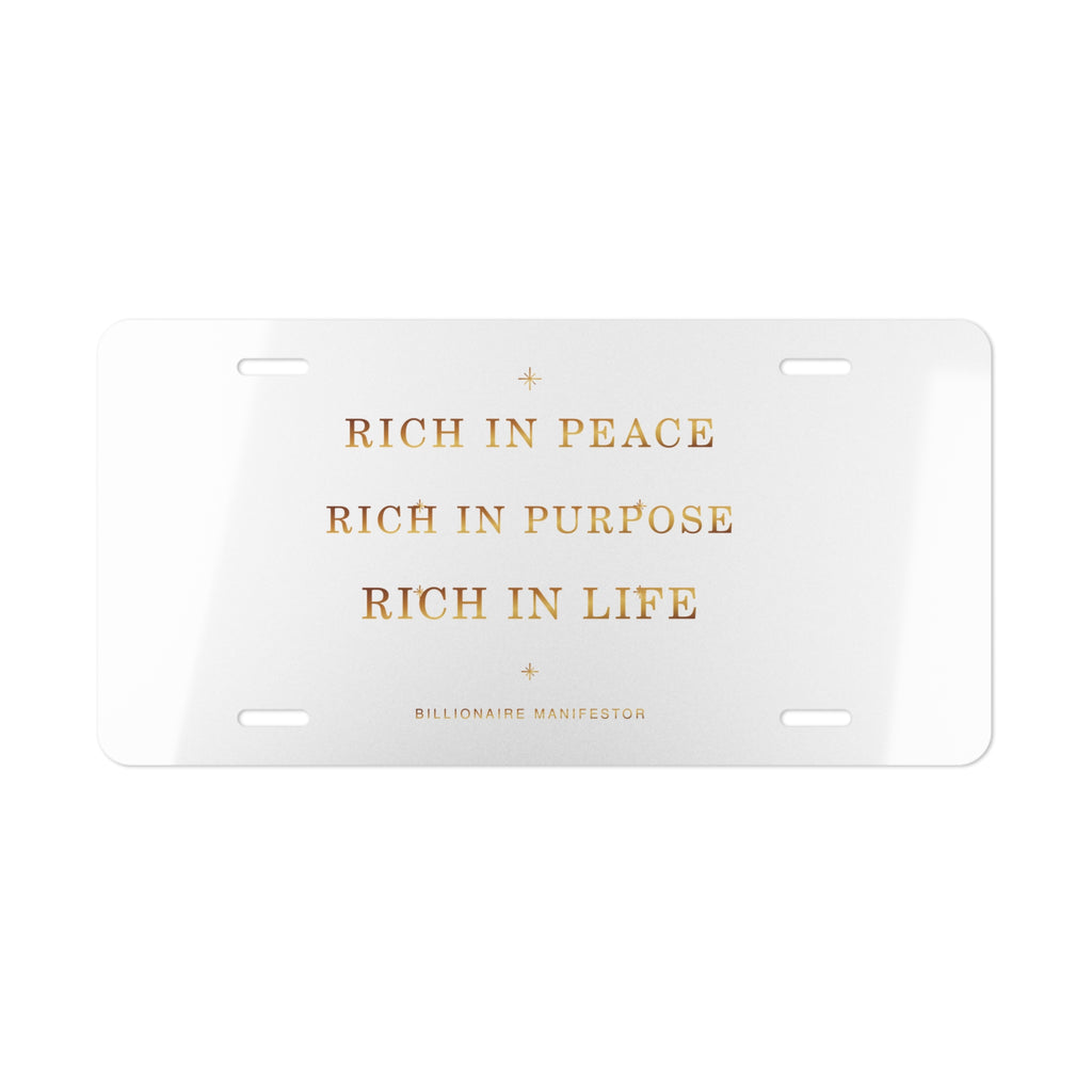 Rich in Peace, Purpose & Life Vanity Plate — featured product view by Quiet Wealth Journey
