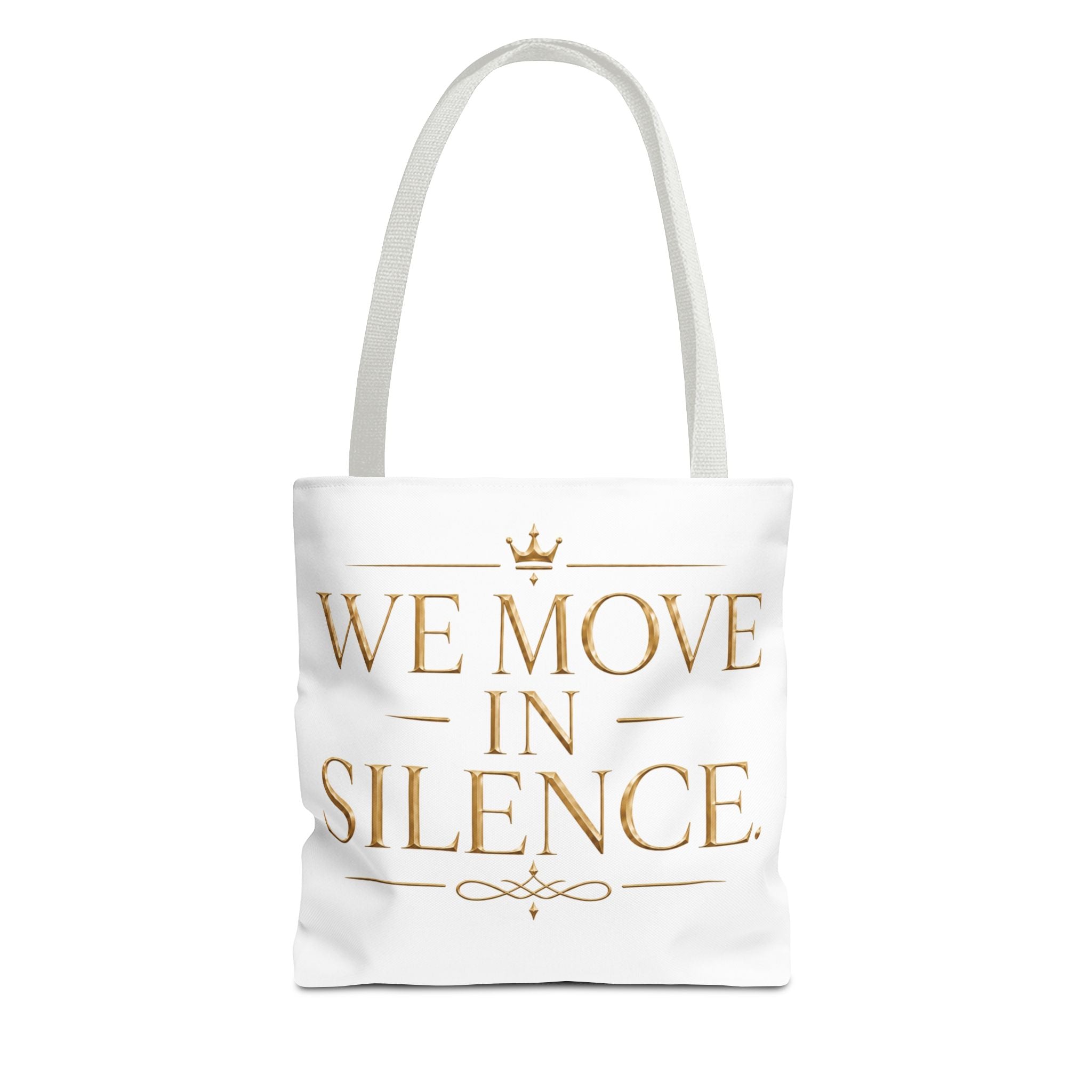 We Move in Silence Gold Statement Tote — design detail view by Quiet Wealth Journey