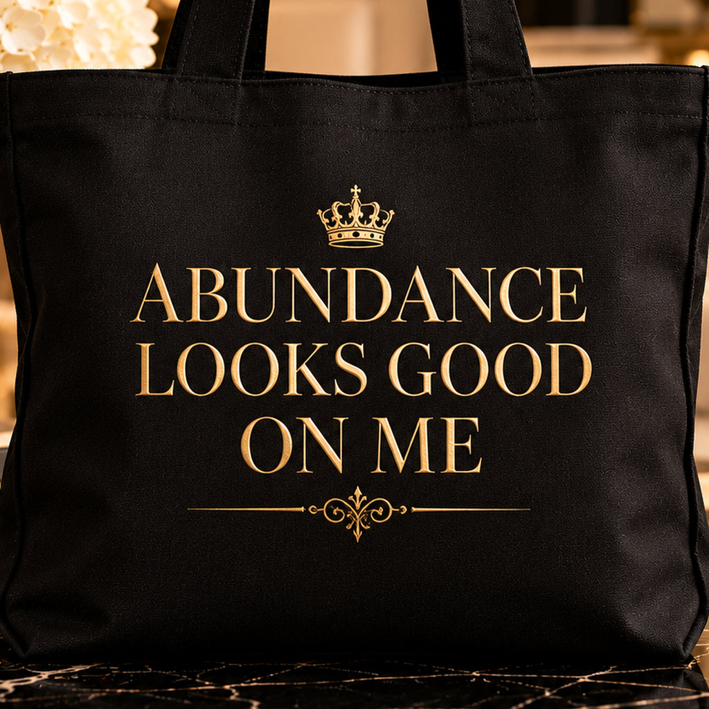 ABUNDANCE LOOKS GOOD ON ME tote — premium luxury detail
