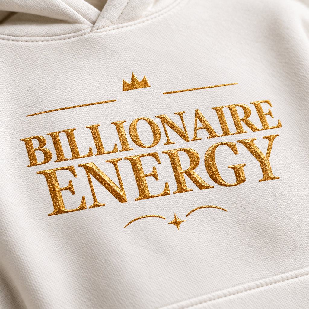 Billionaire Energy affirmation hoodie – print detail view
