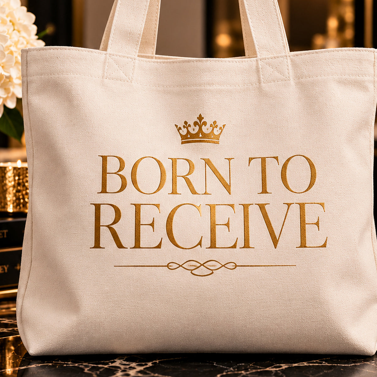 BORN TO RECEIVE tote — premium luxury detail