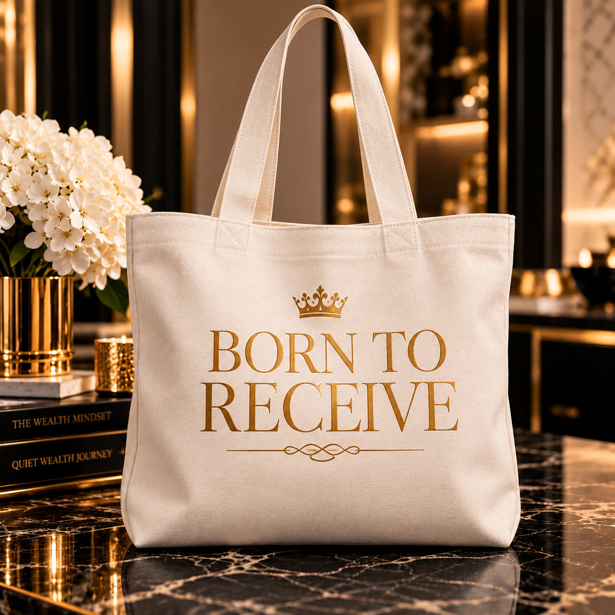 BORN TO RECEIVE tote — premium luxury hero