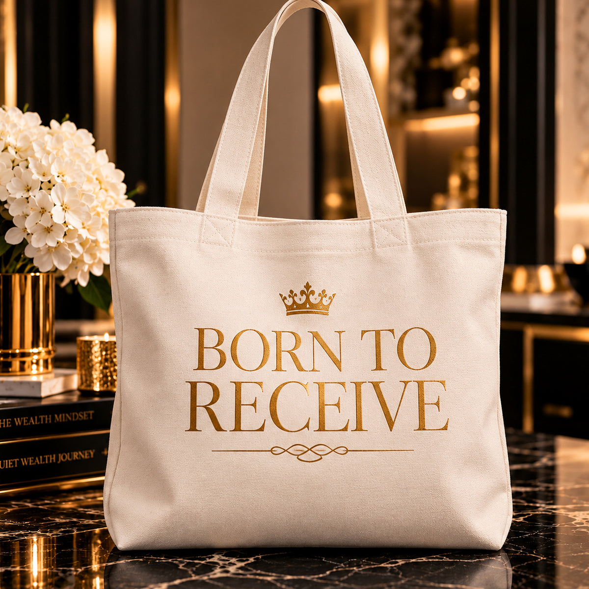BORN TO RECEIVE tote — premium luxury lifestyle