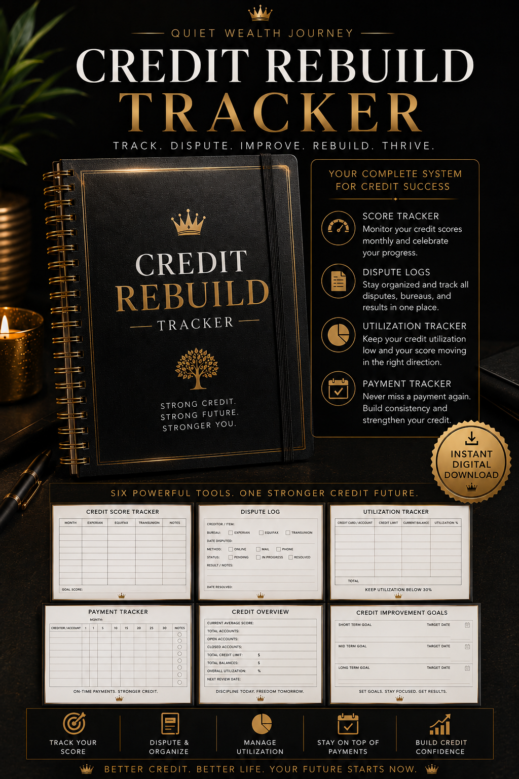 Credit Rebuild Tracker premium black and gold digital product mockup cover