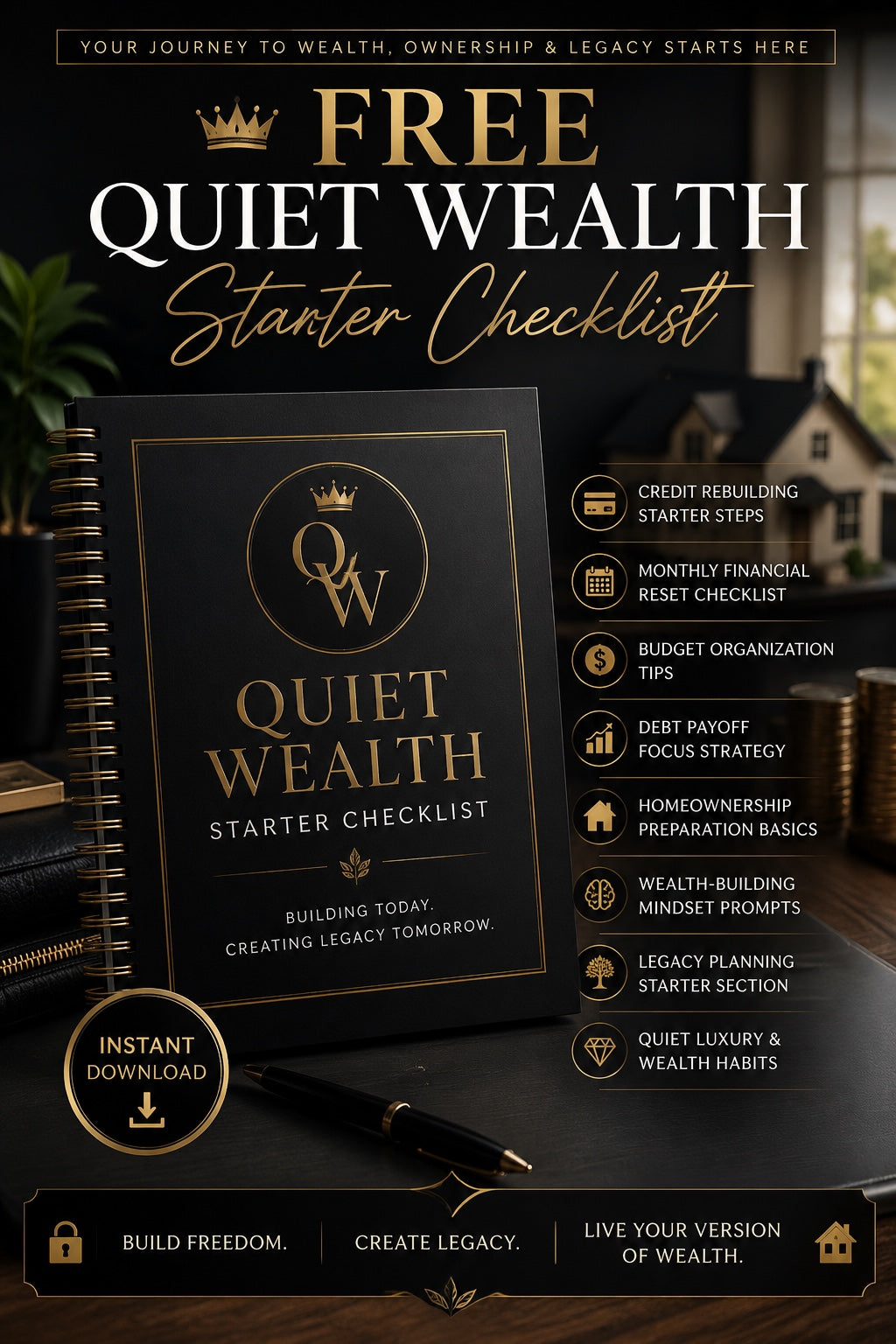 Free Quiet Wealth Starter Checklist premium black and gold instant download mockup with clear sales benefits