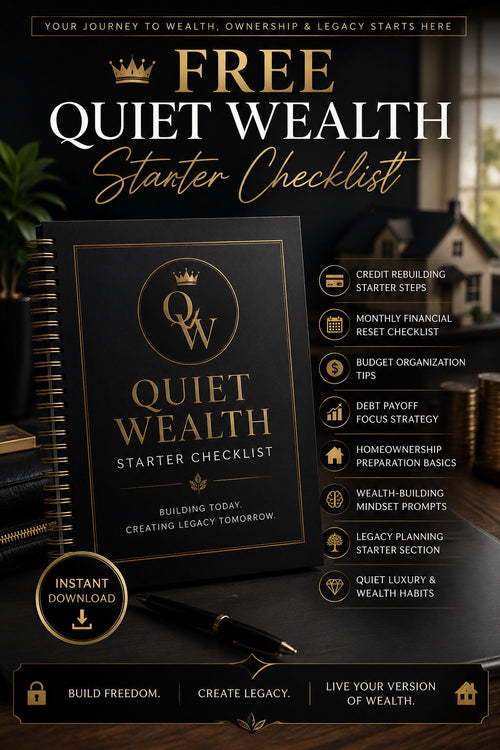 Free Quiet Wealth Starter Checklist premium black and gold instant download mockup with clear sales benefits