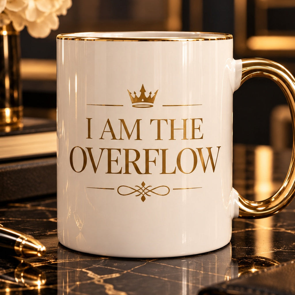I Am the Overflow mug — premium luxury design detail