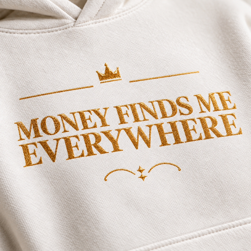 Money Finds Me Everywhere affirmation hoodie – print detail view
