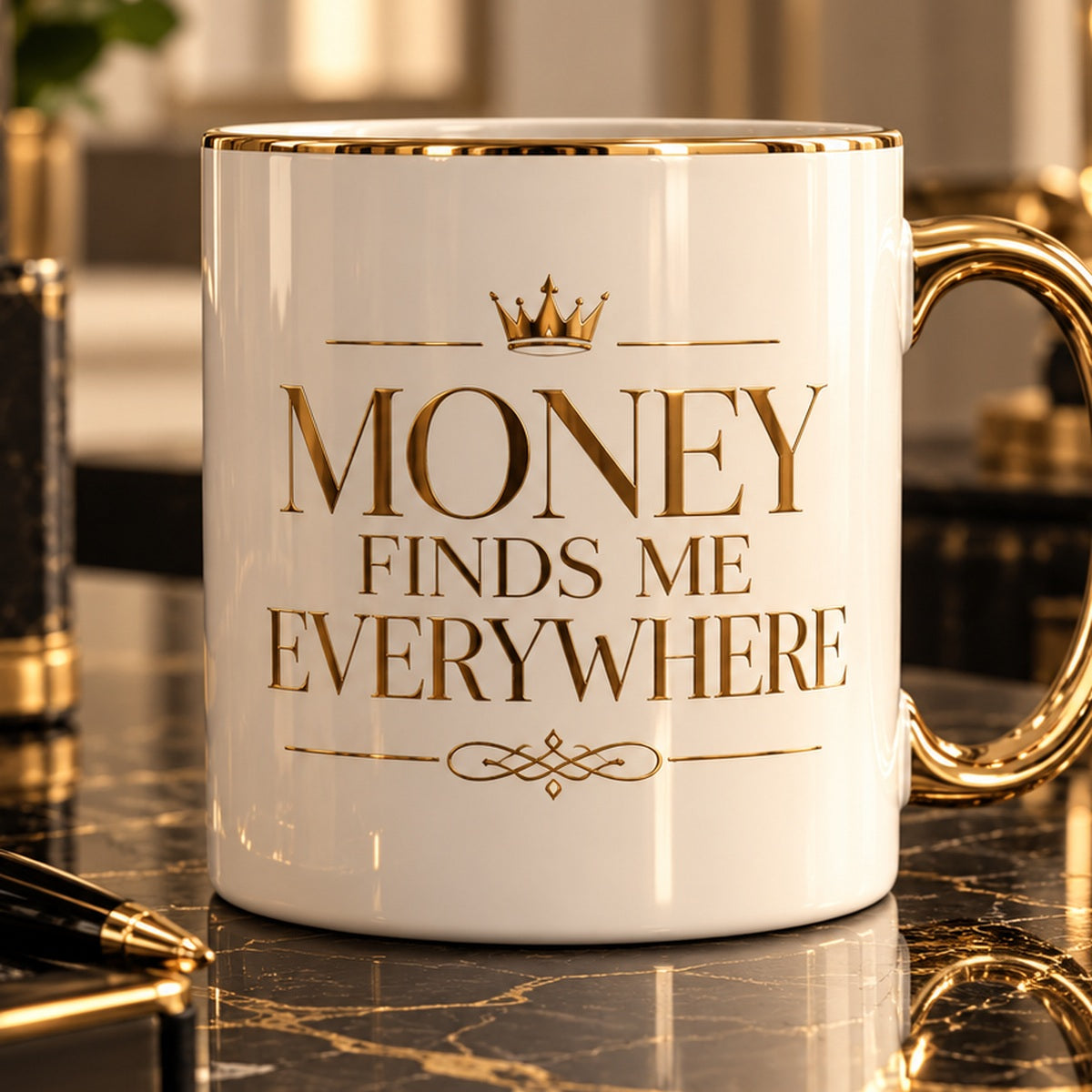 Money Finds Me Everywhere mug — premium luxury design detail