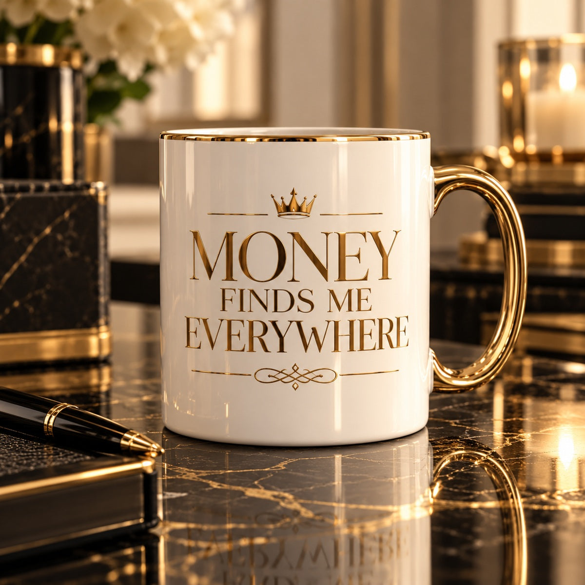 Money Finds Me Everywhere mug — premium luxury hero