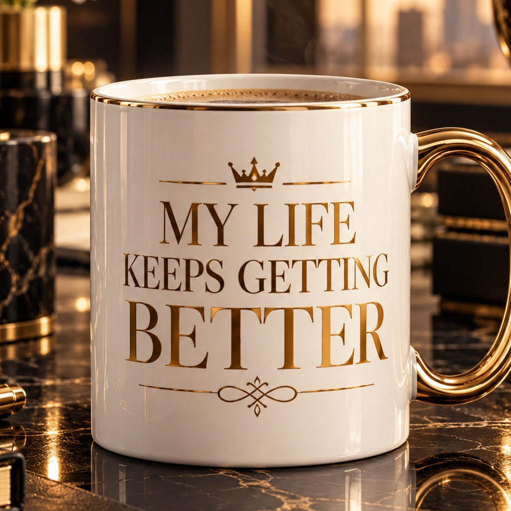My Life Keeps Getting Better mug — premium luxury design detail