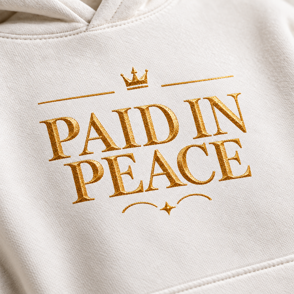 Paid in Peace affirmation hoodie – print detail view
