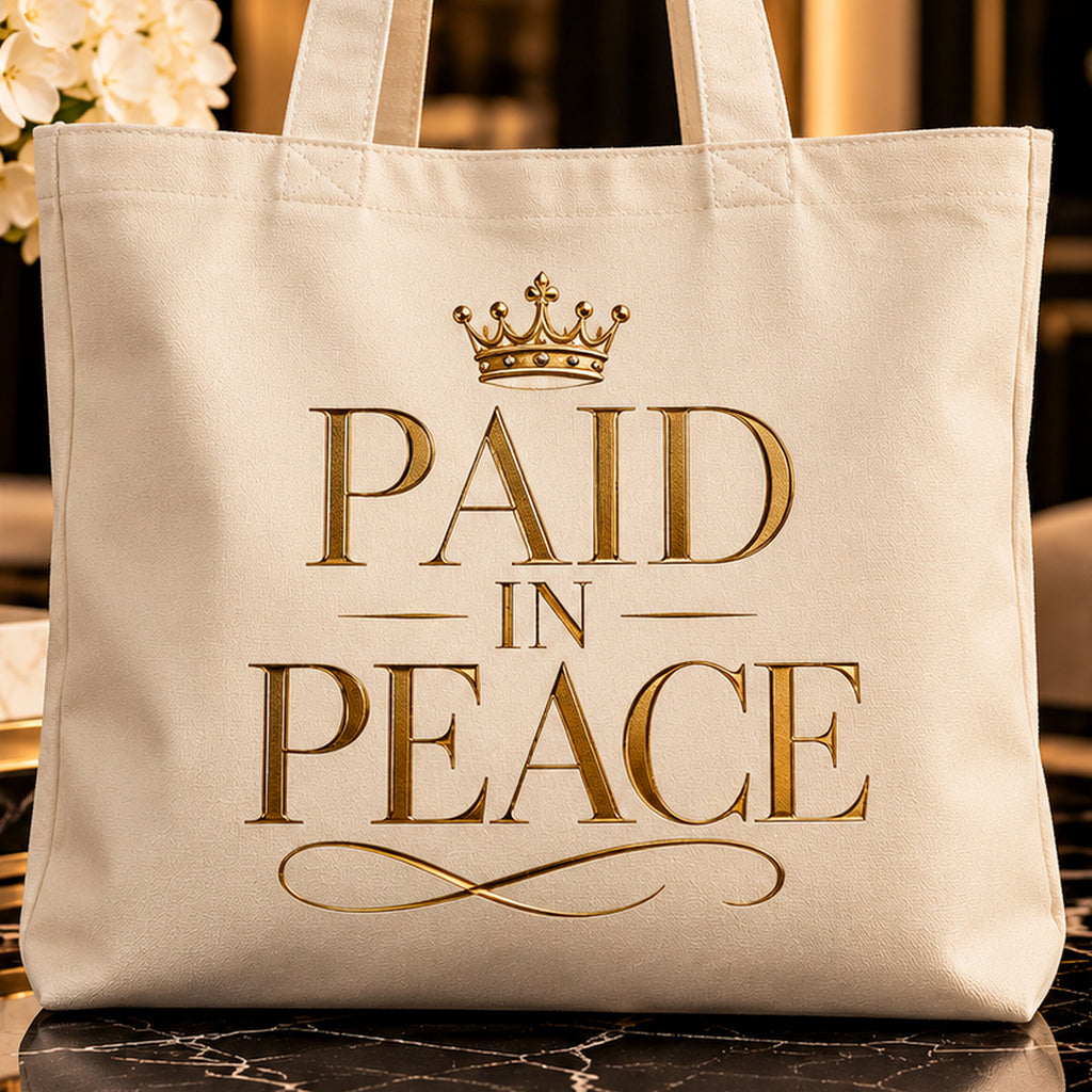 PAID IN PEACE tote — premium luxury detail