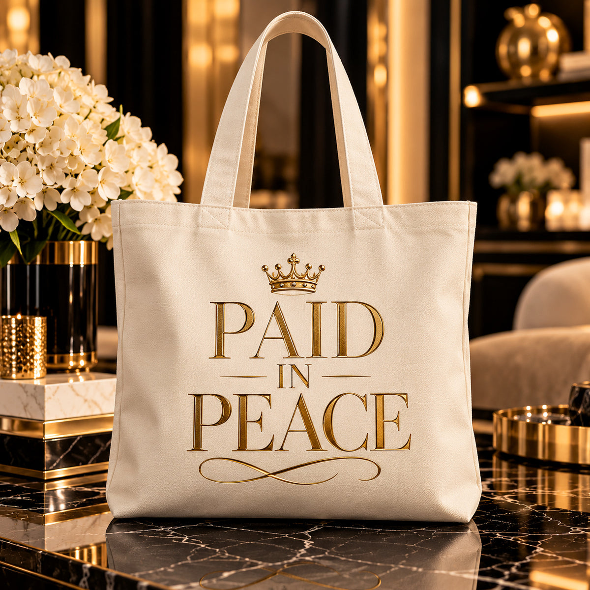 PAID IN PEACE tote — premium luxury hero