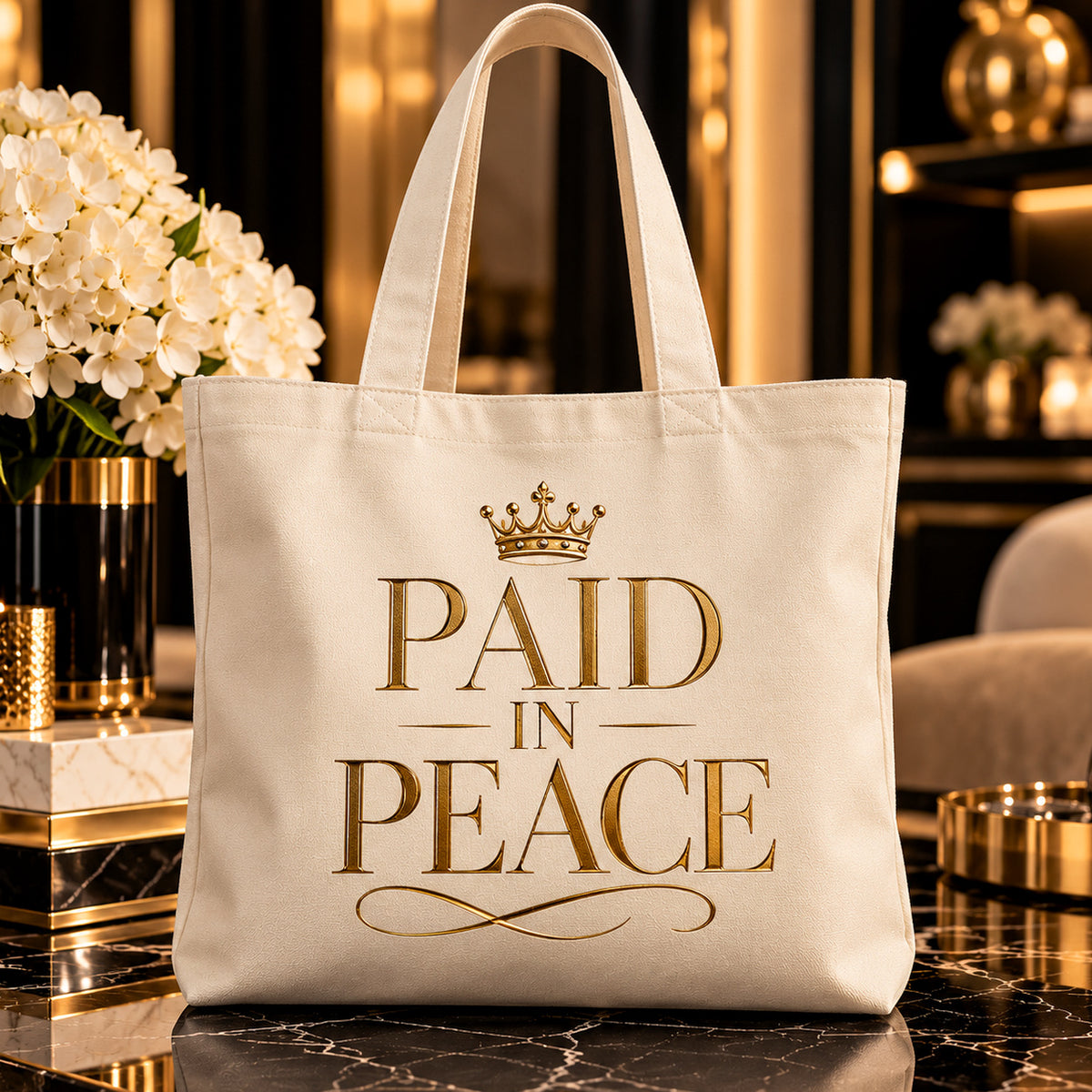 PAID IN PEACE tote — premium luxury lifestyle
