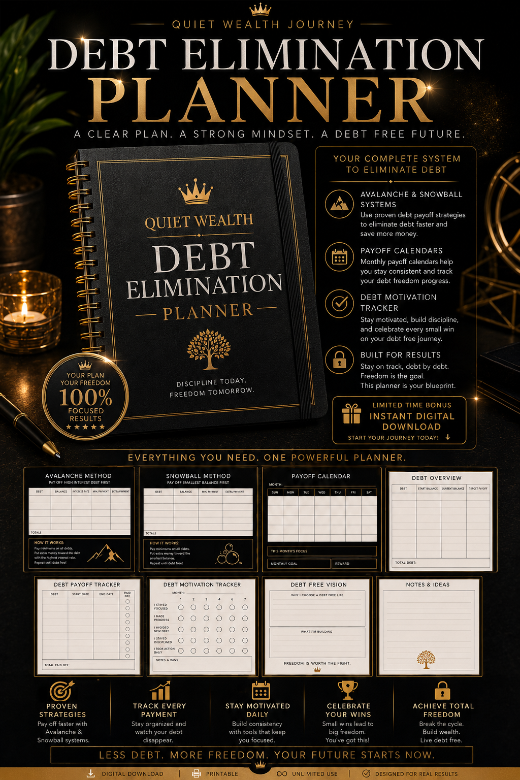 Quiet Wealth Debt Elimination Planner premium black and gold mockup cover