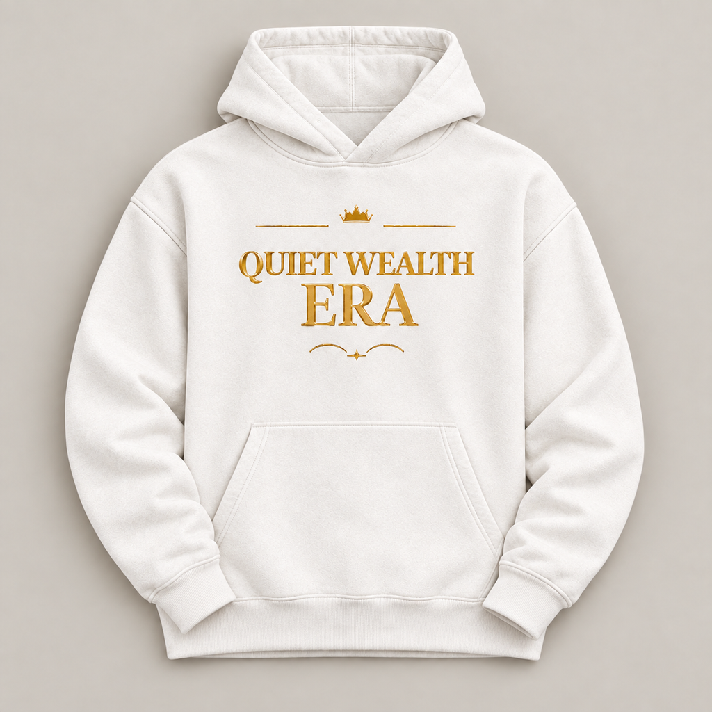 Quiet Wealth Era affirmation hoodie – flat lay view