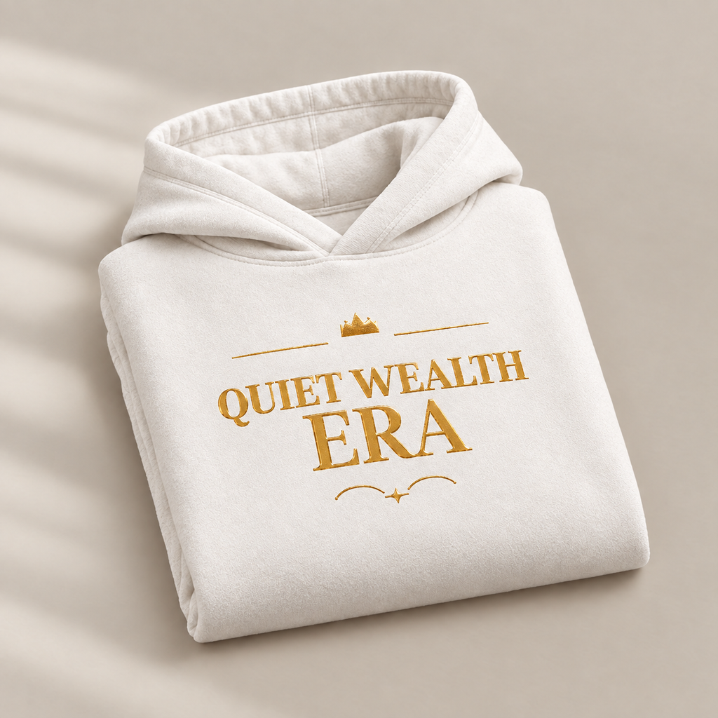 Quiet Wealth Era affirmation hoodie – folded view