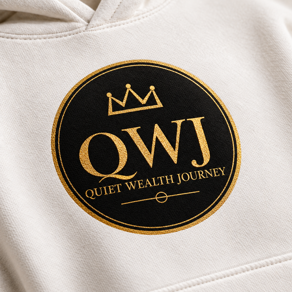 Quiet Wealth Journey logo hoodie – print detail view