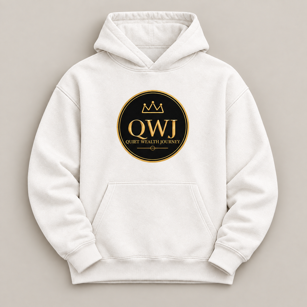Quiet Wealth Journey logo hoodie – flat lay view