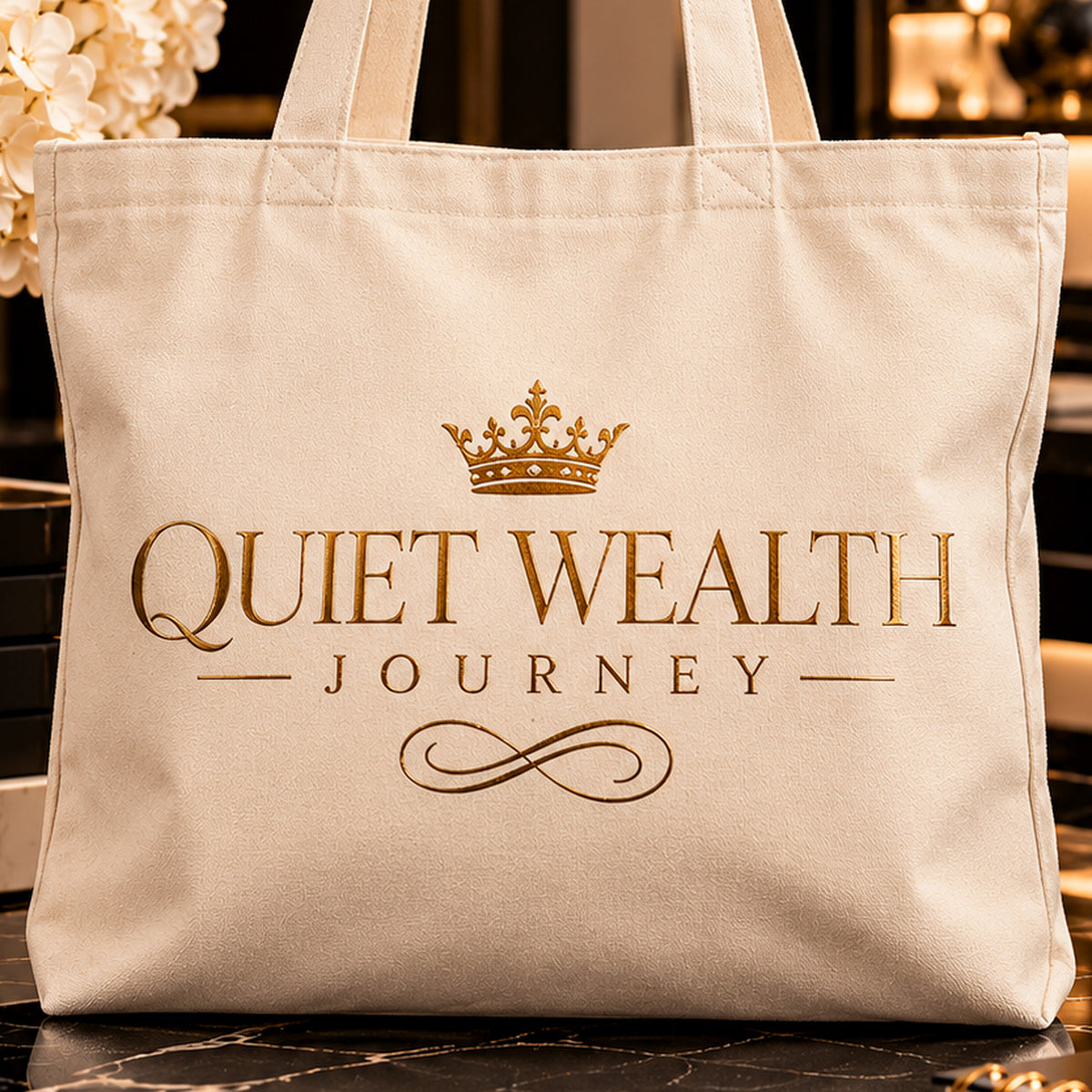 QUIET WEALTH JOURNEY tote — premium luxury detail