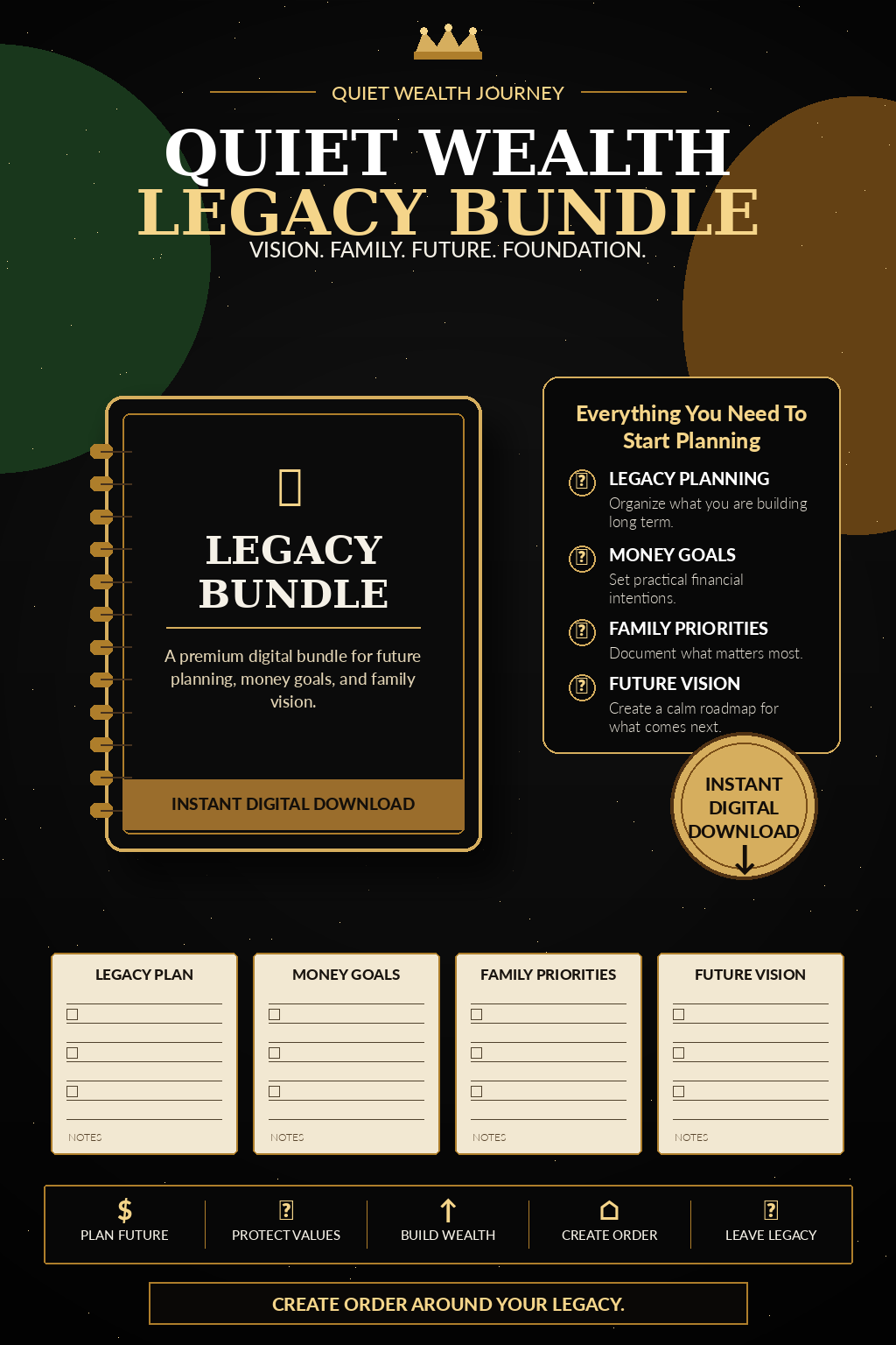 Quiet Wealth Legacy Bundle premium black and gold digital product cover