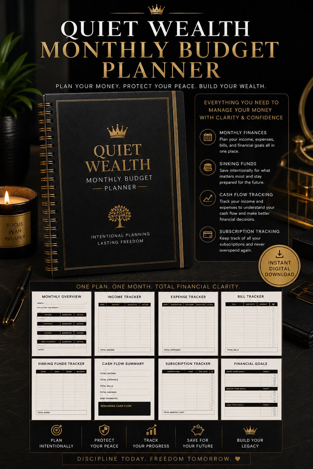 Quiet Wealth Monthly Budget Planner premium digital download mockup