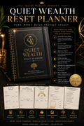 Quiet Wealth Reset Planner Complete Edition premium black and gold product mockup cover