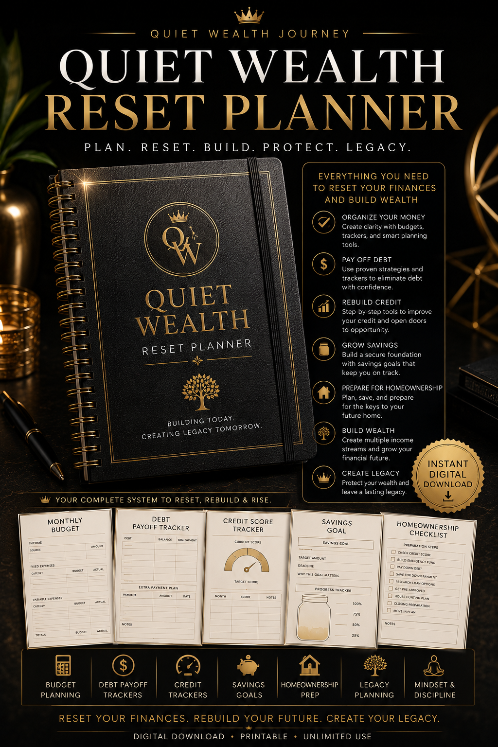 Quiet Wealth Reset Planner Complete Edition premium black and gold product mockup cover