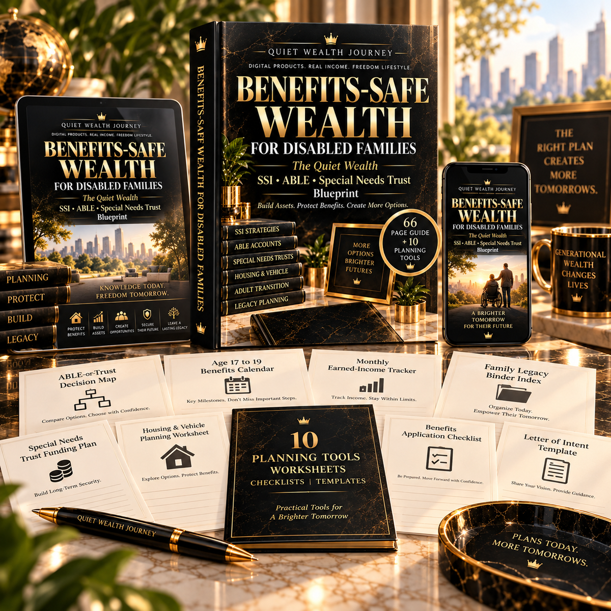 Quiet Wealth Journey Benefits-Safe Wealth complete digital bundle with ebook ten planning tools tablet and phone
