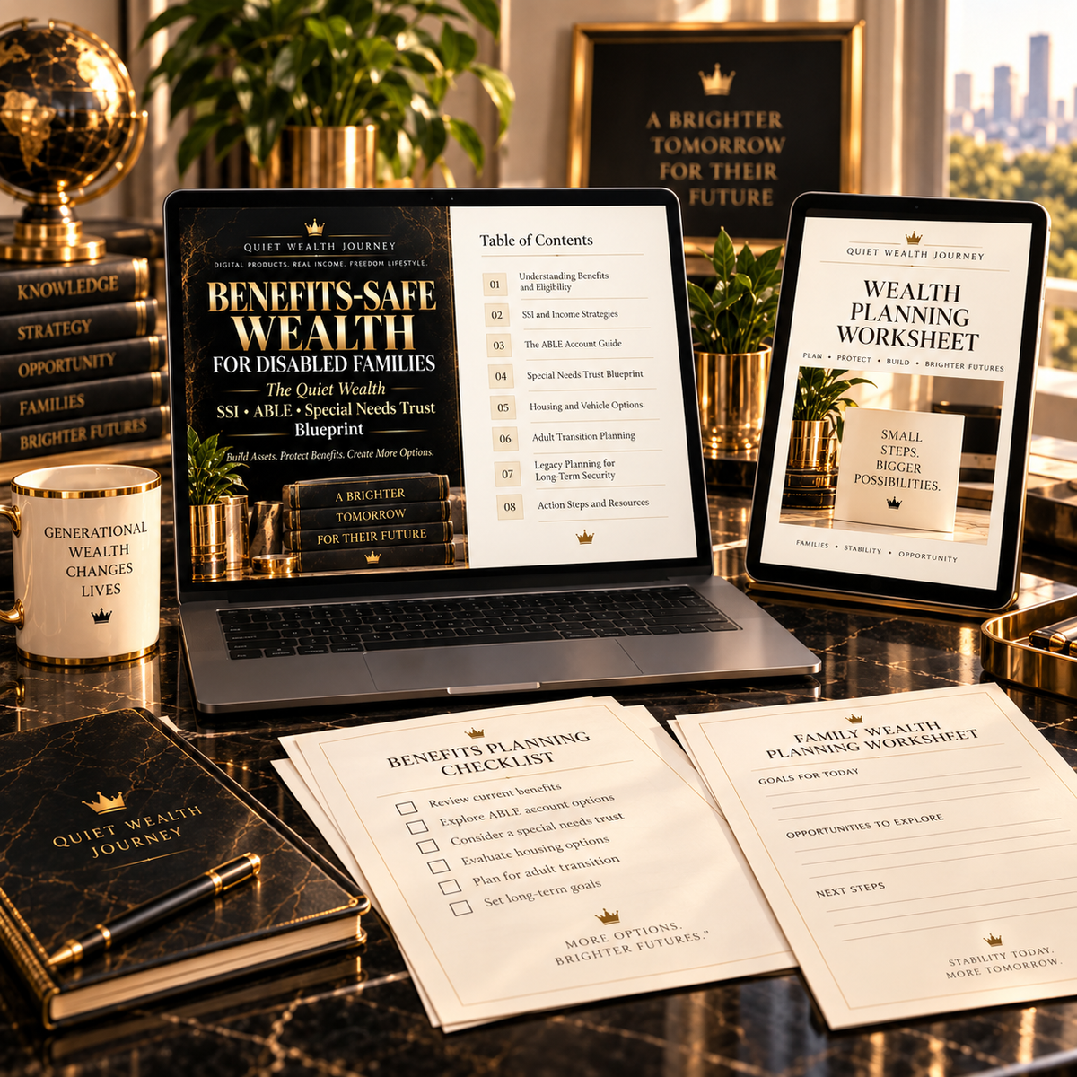 Quiet Wealth Journey Benefits-Safe Wealth luxury digital workspace with laptop tablet and planning worksheets