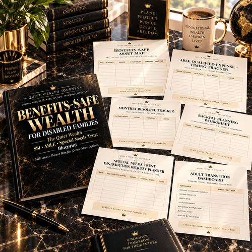 Quiet Wealth Journey Benefits-Safe Wealth premium ivory and gold workbook flat lay with ABLE SSI trust and transition worksheets