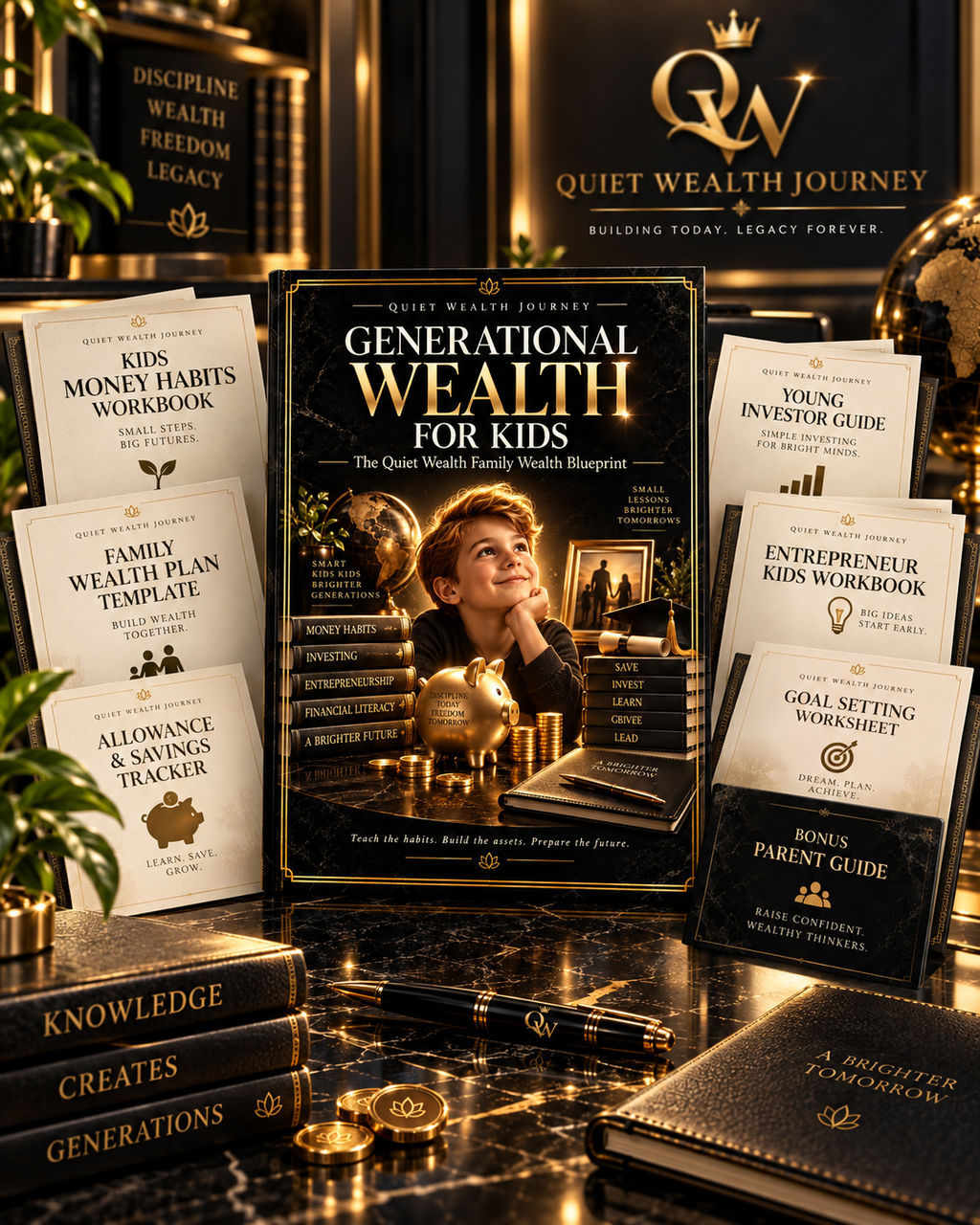 Quiet Wealth Journey Generational Wealth for Kids premium digital bundle with family wealth workbook and bonus worksheets