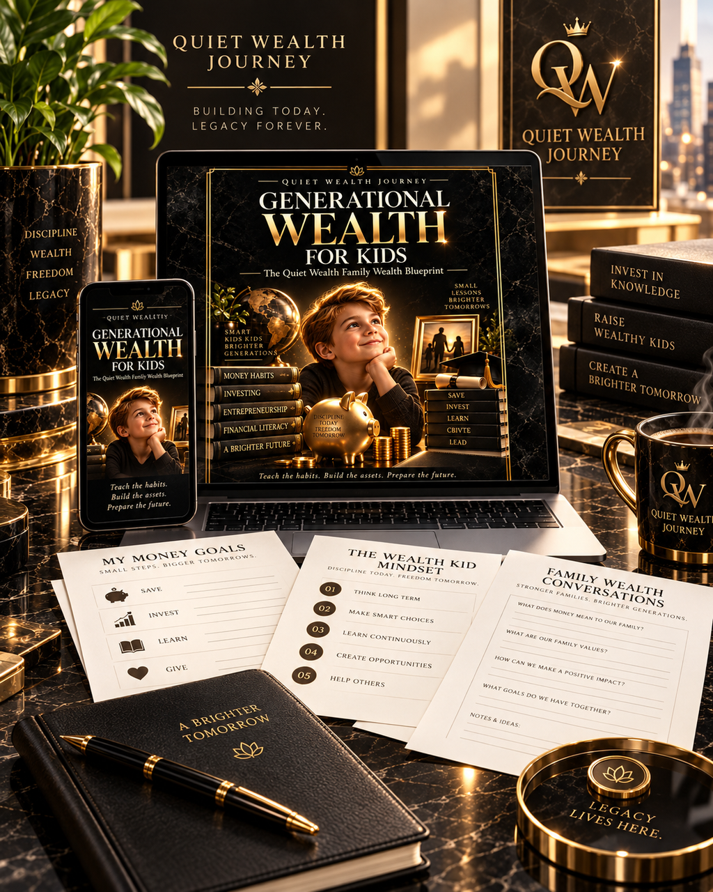 Quiet Wealth Journey Generational Wealth for Kids luxury digital display with laptop phone and family wealth worksheets