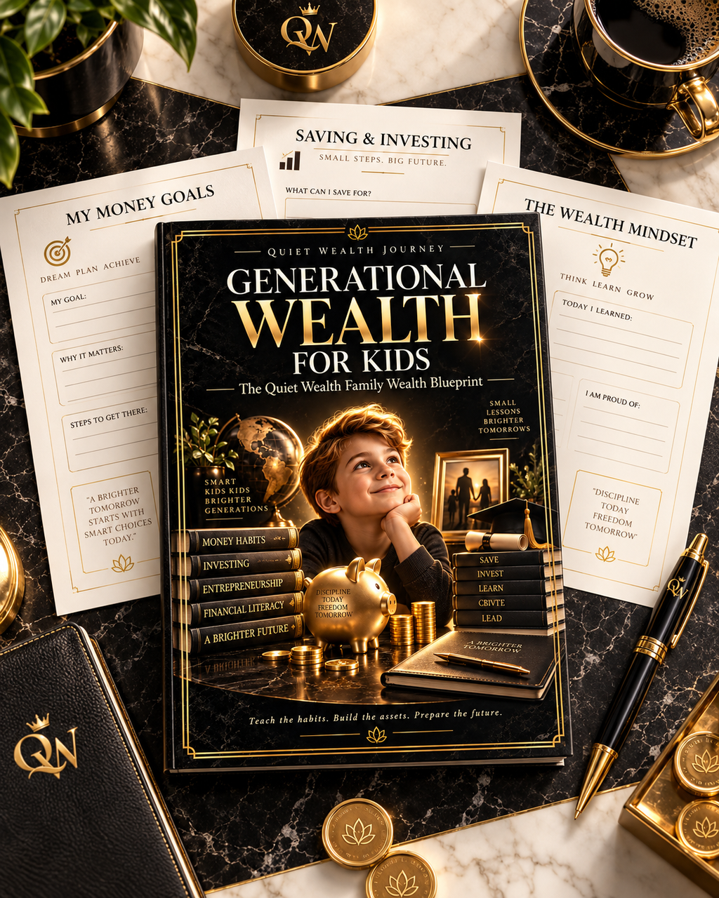 Quiet Wealth Journey Generational Wealth for Kids premium ivory gold workbook flat lay
