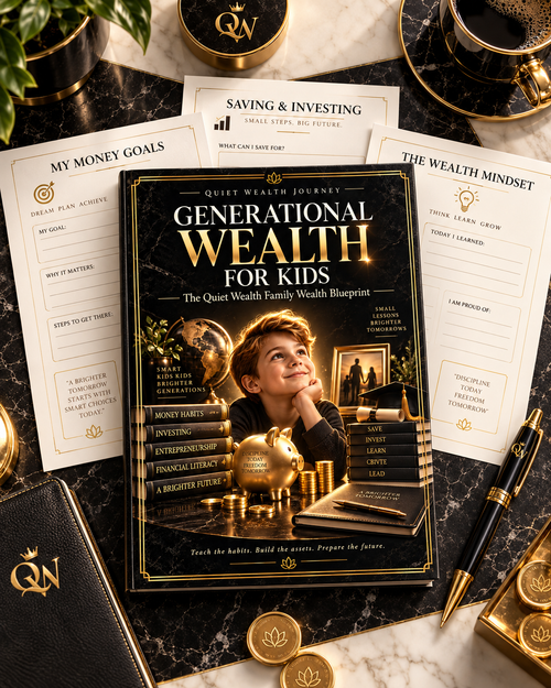 Quiet Wealth Journey Generational Wealth for Kids premium ivory gold workbook flat lay