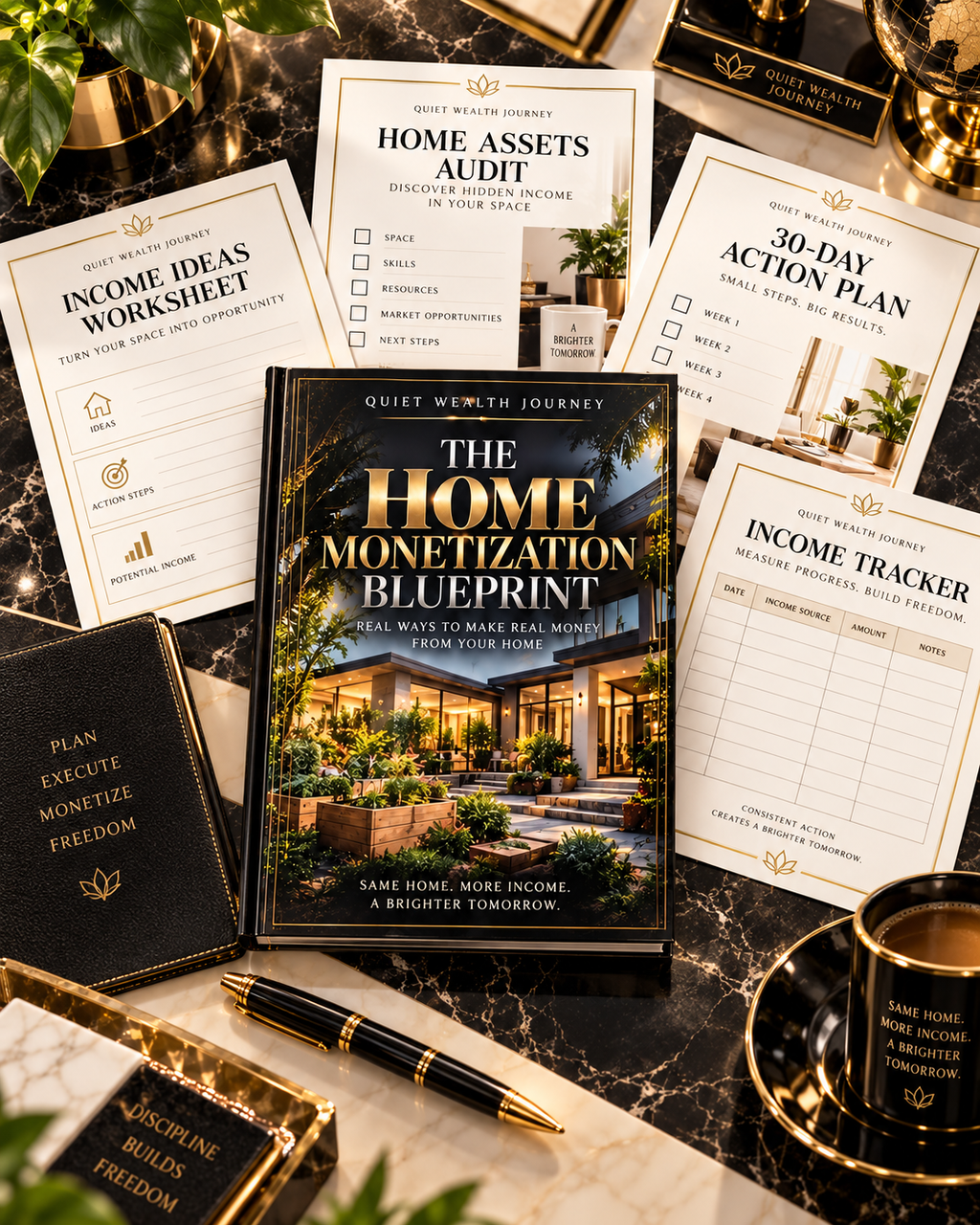 Quiet Wealth Journey Home Monetization Blueprint luxury workbook flat lay with worksheets
