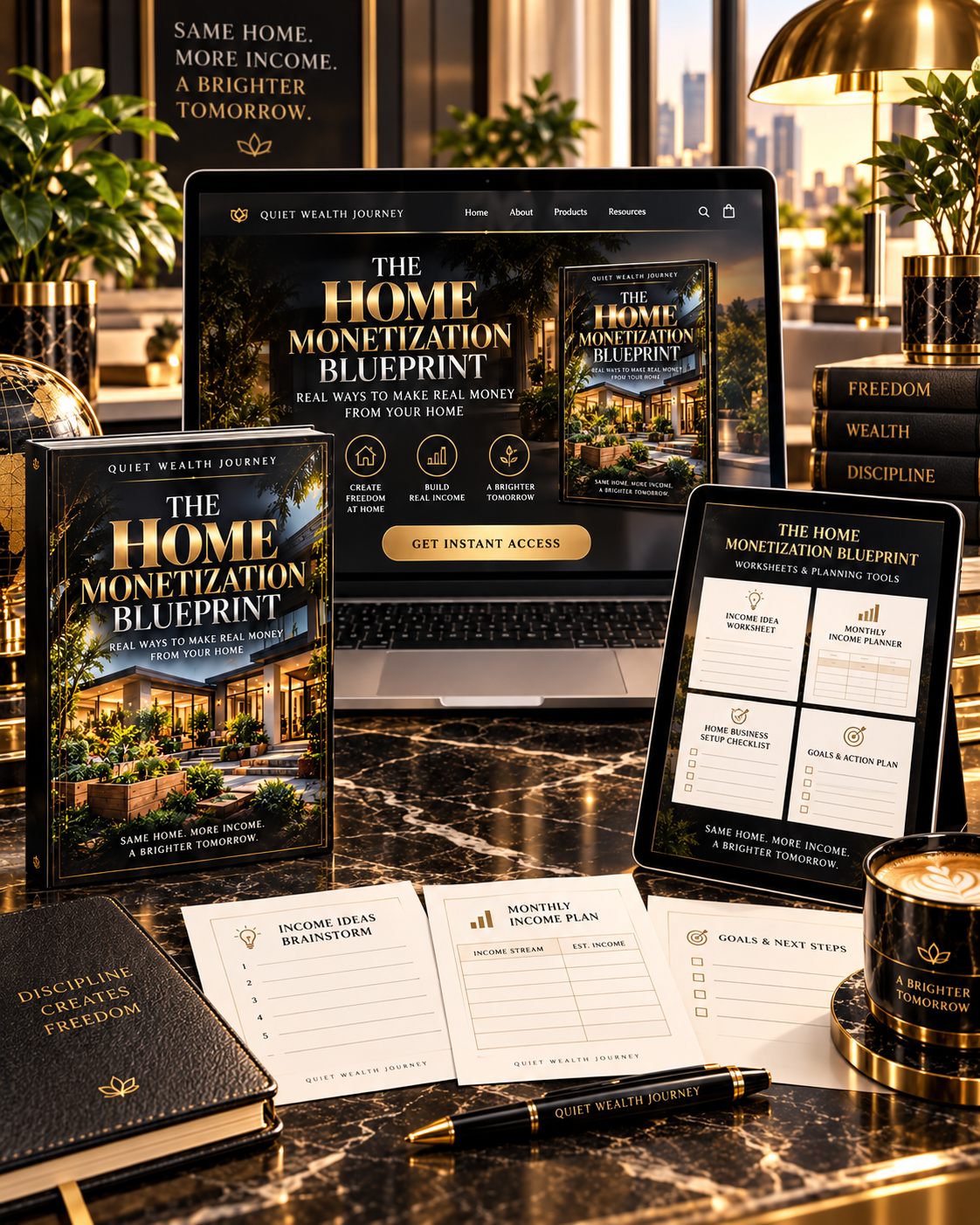 Quiet Wealth Journey Home Monetization Blueprint luxury digital workspace mockup with laptop tablet and planning worksheets