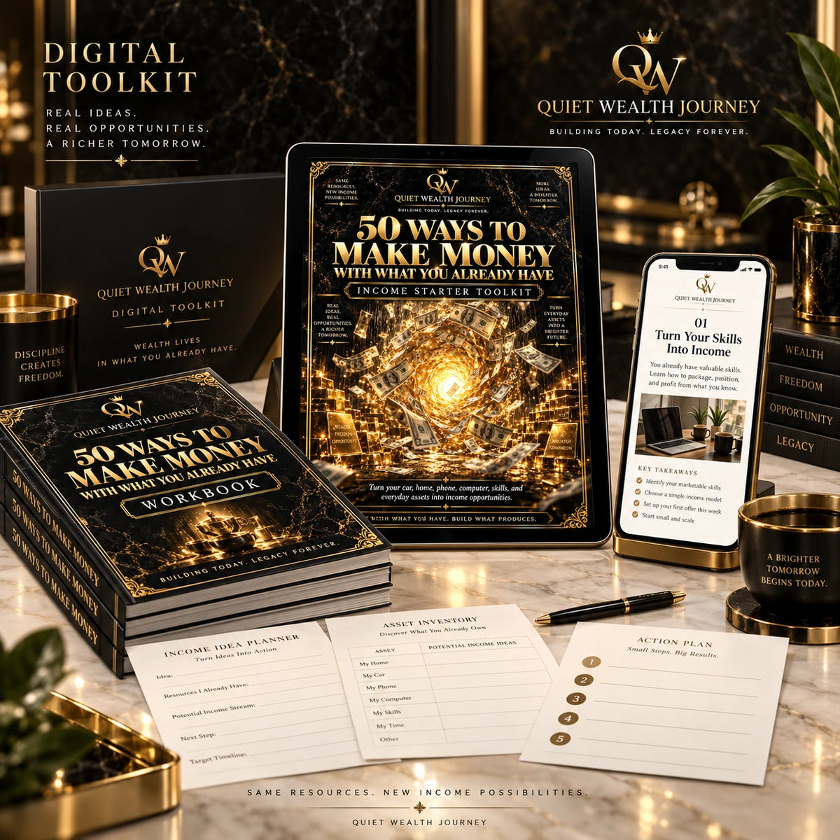 Quiet Wealth Journey income starter toolkit luxury digital display with tablet phone workbook and worksheets