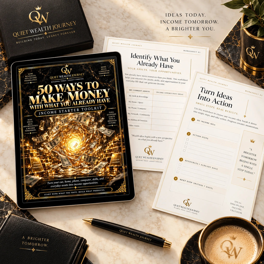 Quiet Wealth Journey income starter toolkit premium ivory and gold workbook flat lay