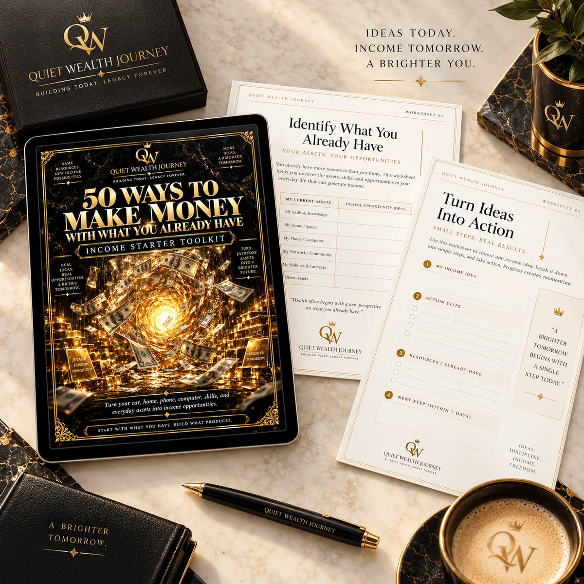 Quiet Wealth Journey income starter toolkit premium ivory and gold workbook flat lay