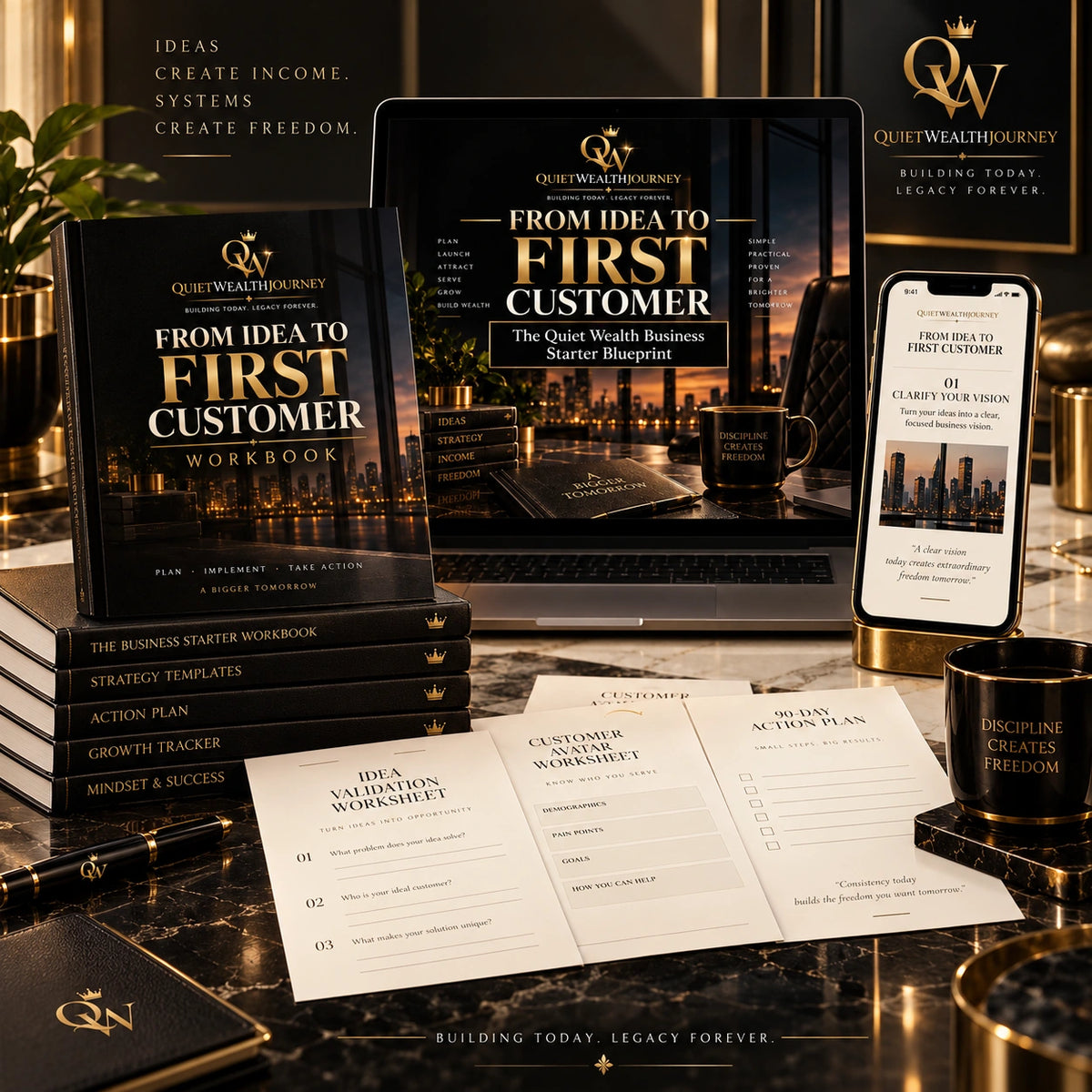 Quiet Wealth Journey business starter blueprint luxury digital bundle with laptop phone workbooks and worksheets