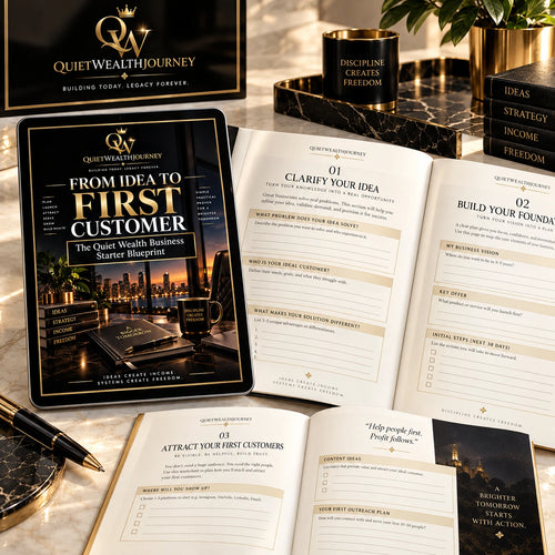 Quiet Wealth Journey business starter blueprint premium ivory workbook and black gold branding scene
