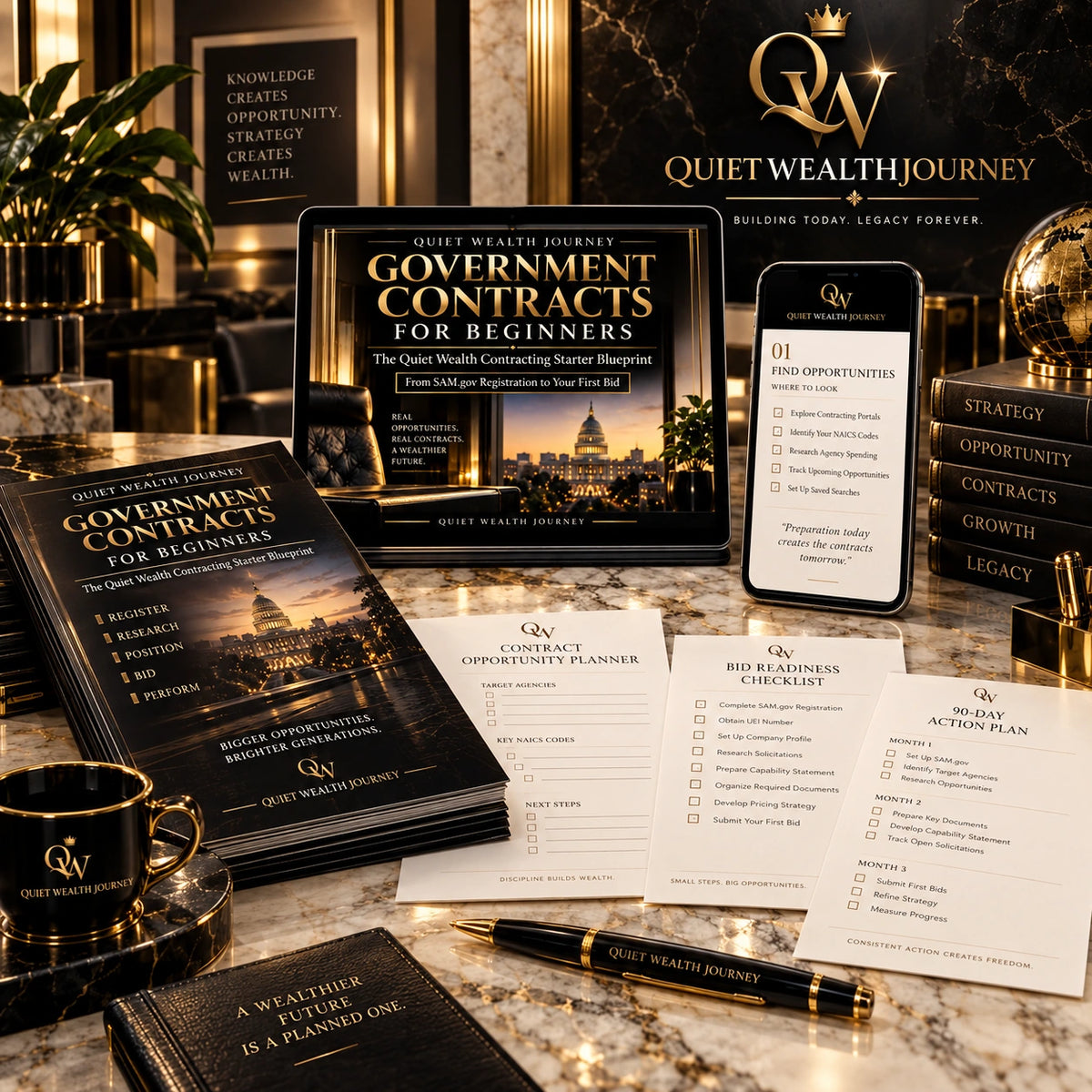 Quiet Wealth Journey government contracts luxury digital bundle with tablet phone planners and worksheets