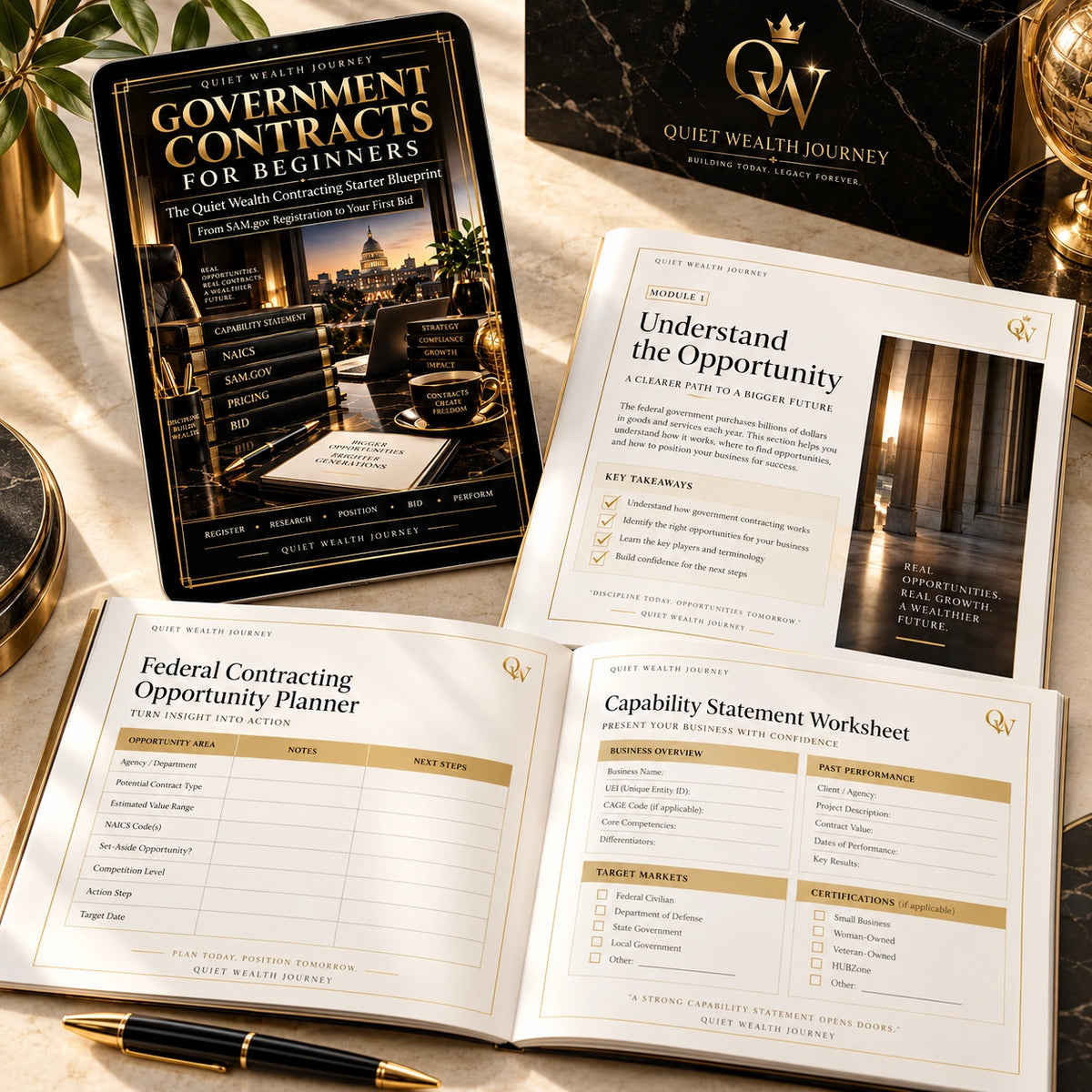 Quiet Wealth Journey government contracting starter blueprint premium ivory and gold workbook flat lay