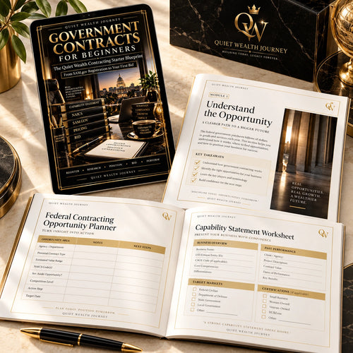 Quiet Wealth Journey government contracting starter blueprint premium ivory and gold workbook flat lay