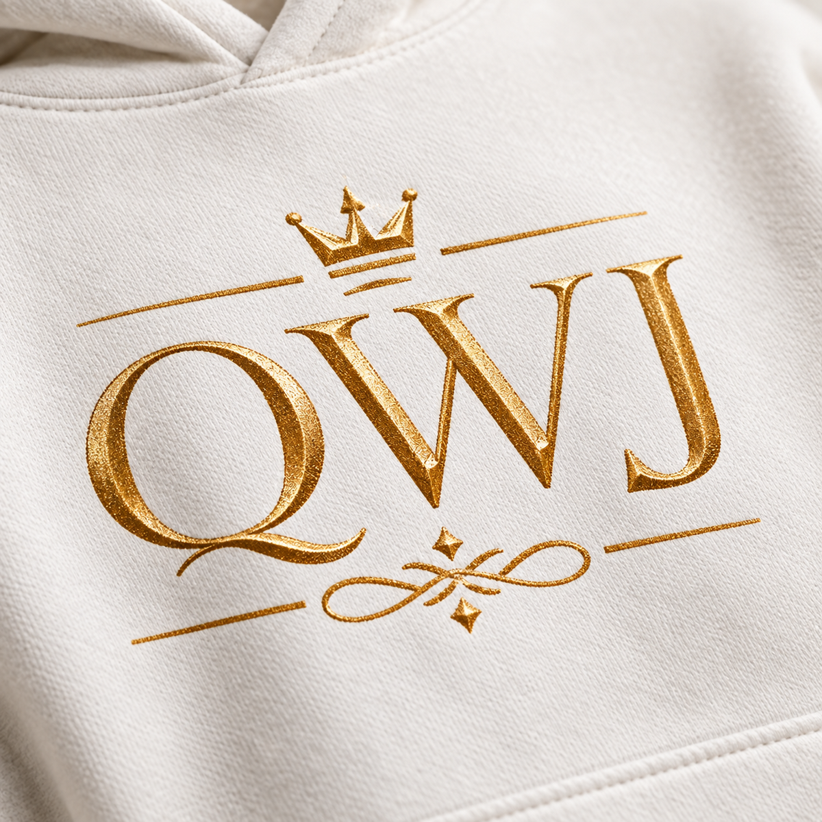 QWJ Gold Monogram affirmation hoodie – print detail view