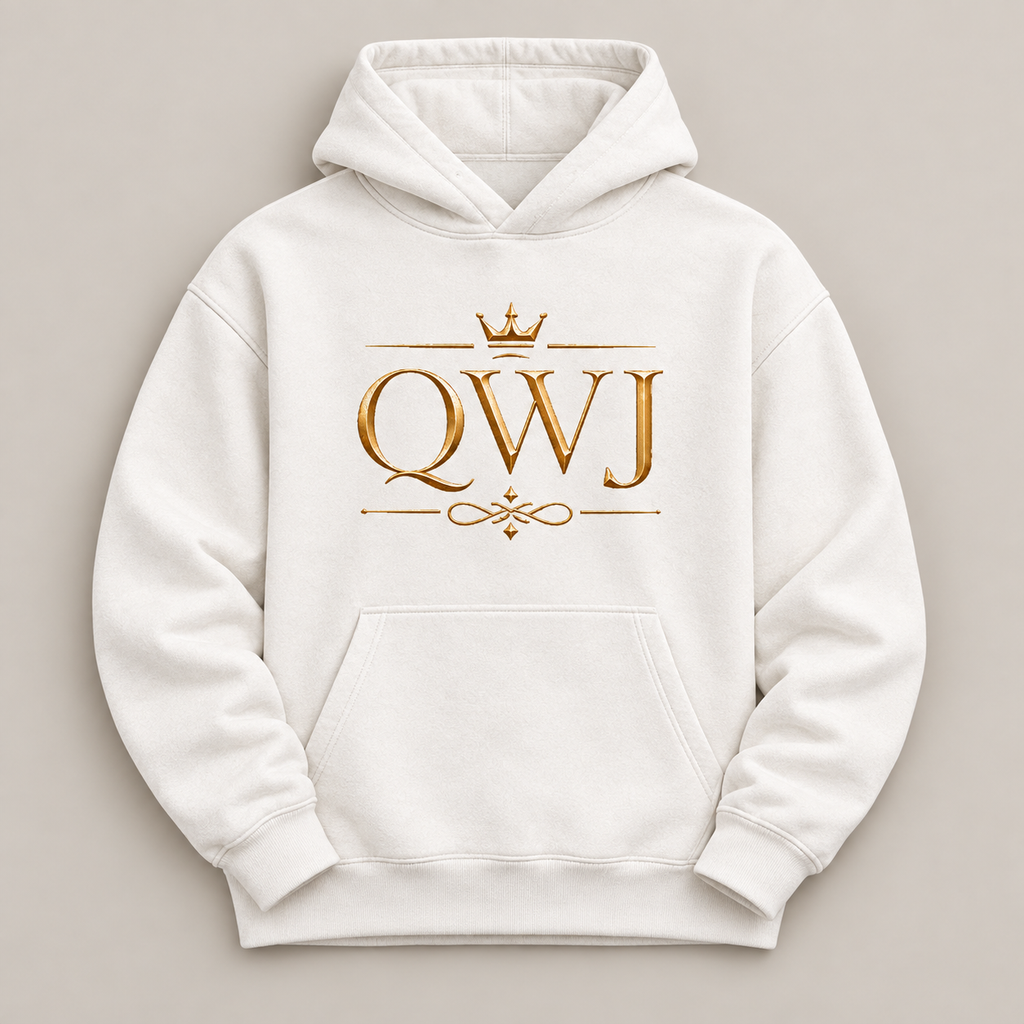 QWJ Gold Monogram affirmation hoodie – flat lay view