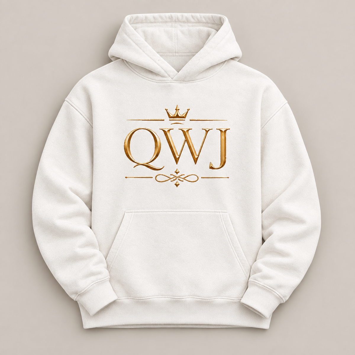 QWJ Gold Monogram affirmation hoodie – flat lay view